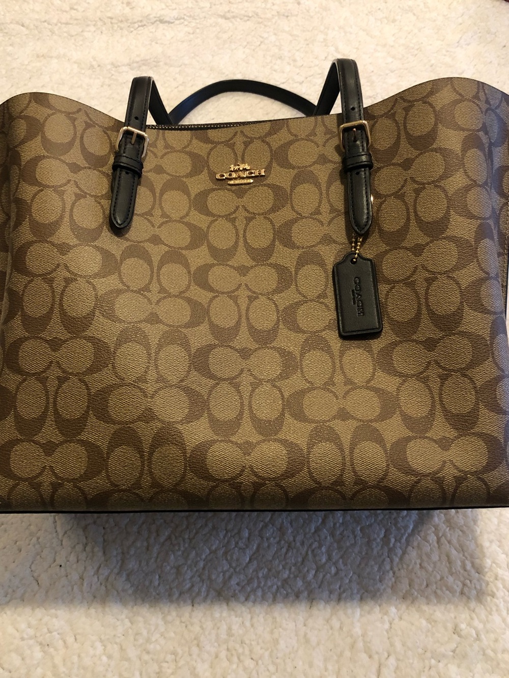 Coach Signature Canvas Tote with Black Leather Trim